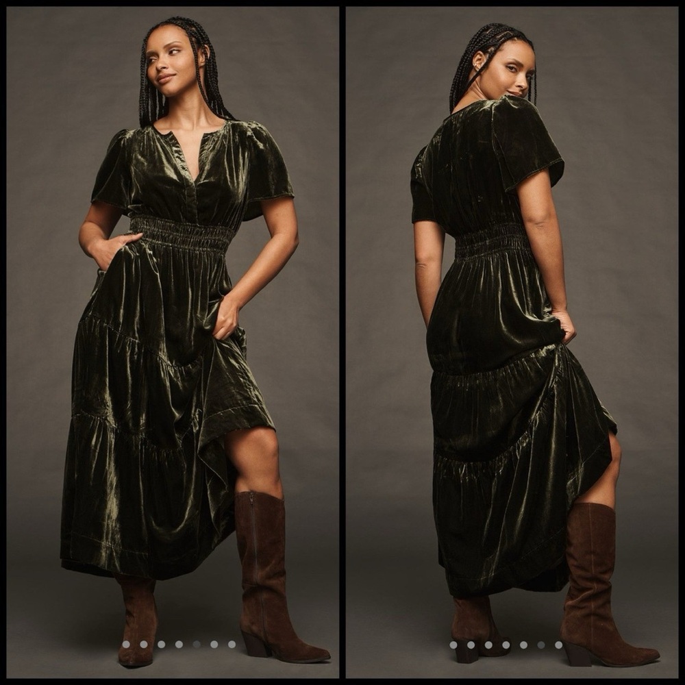 Anthropologie The Somerset Maxi Dress Velvet Green XS Tiered‎